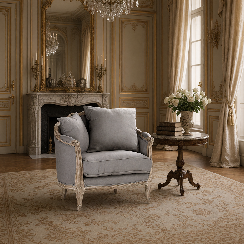 Maison love chair styled in a Louis XVI salon with a marble fireplace and gilded mirror