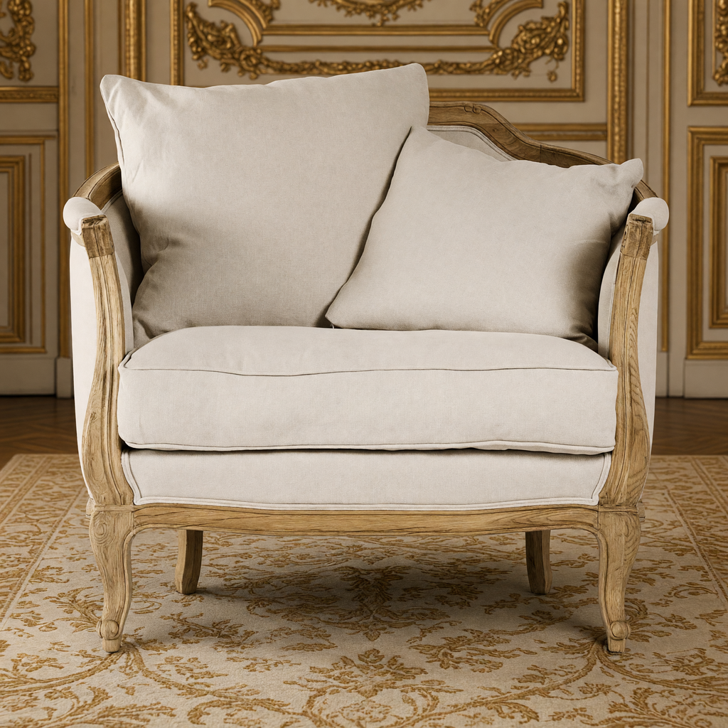 Front view of the Maison love chair in natural linen