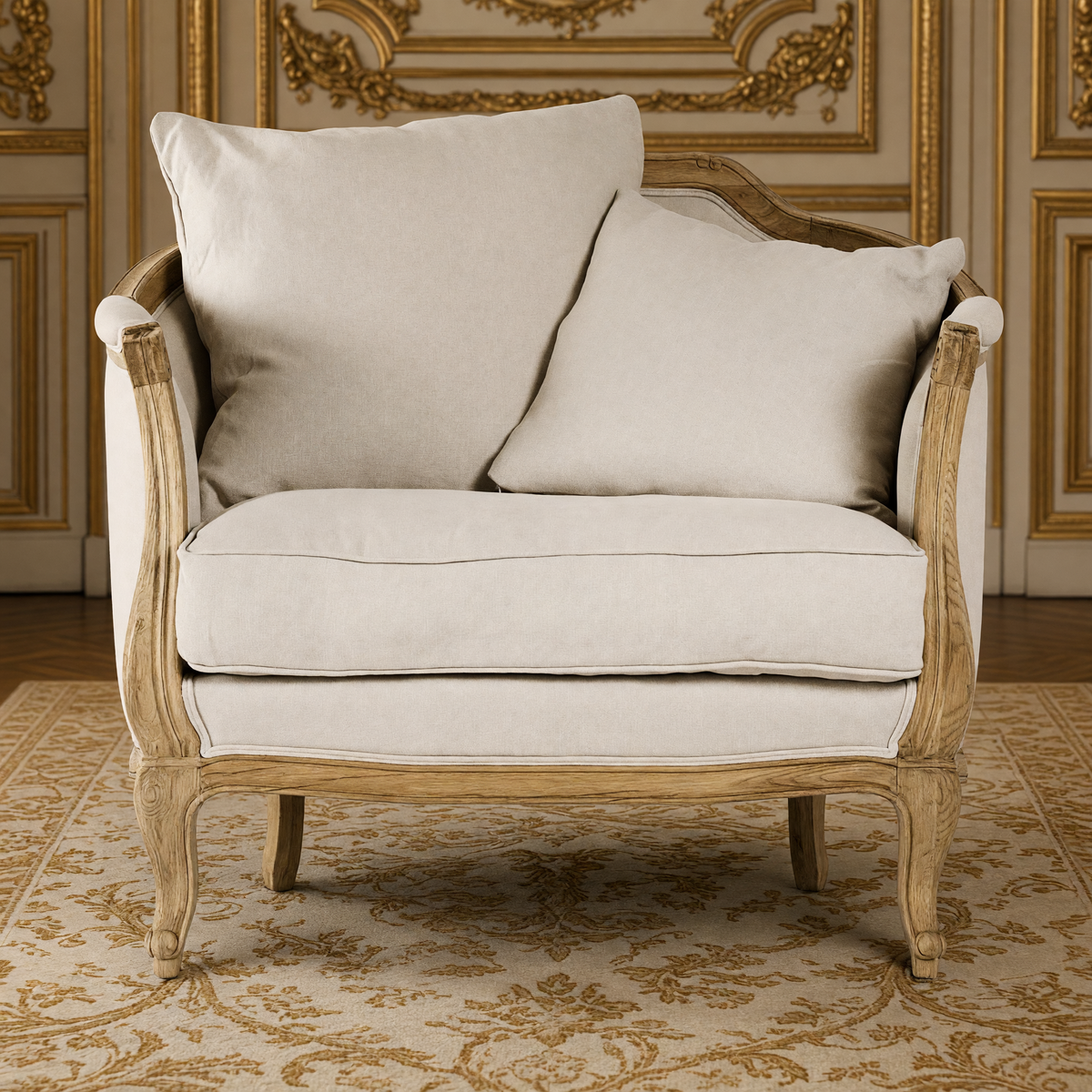 Front view of the Maison love chair in natural linen