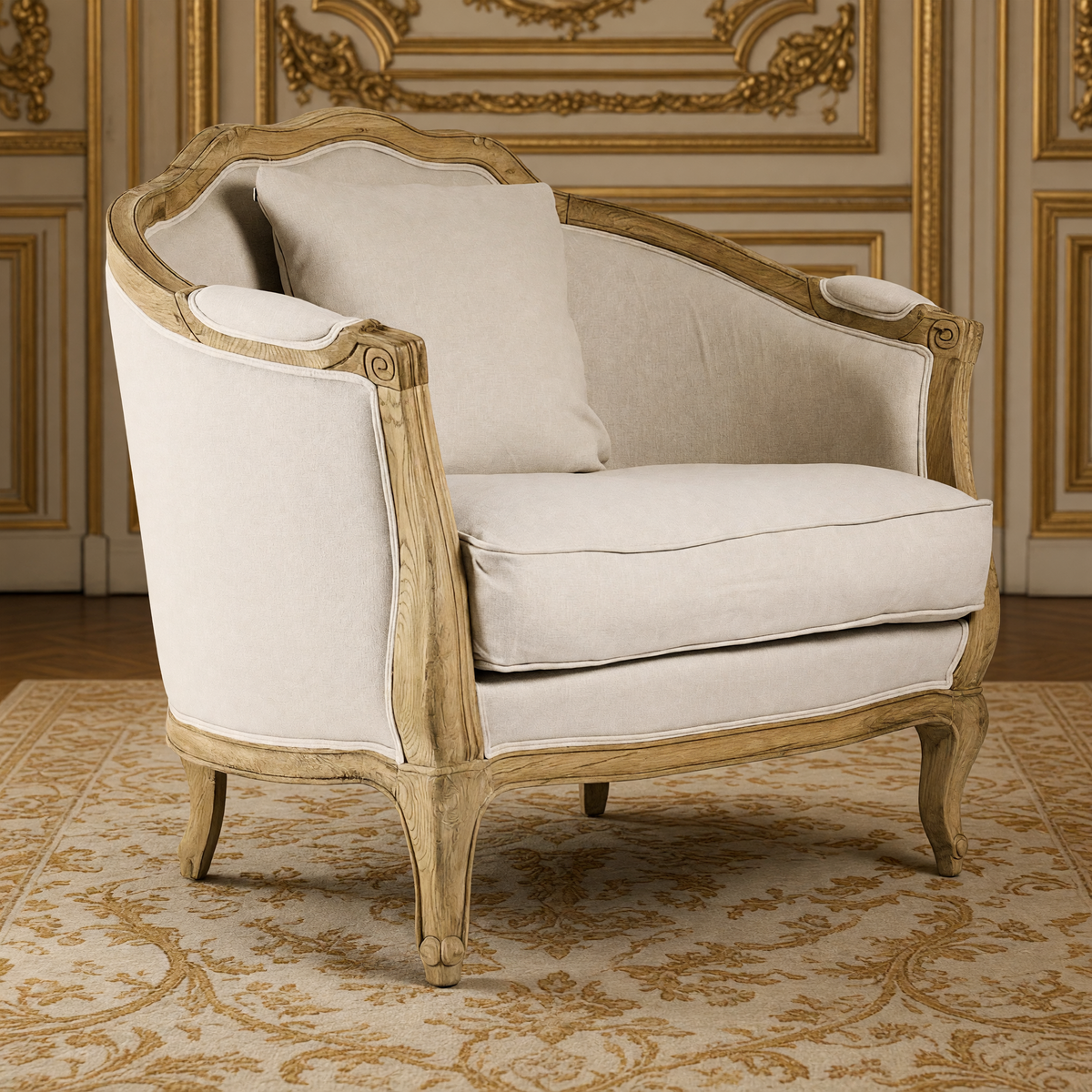 Maison love chair in natural linen on a natural oak frame in a French boiserie salon