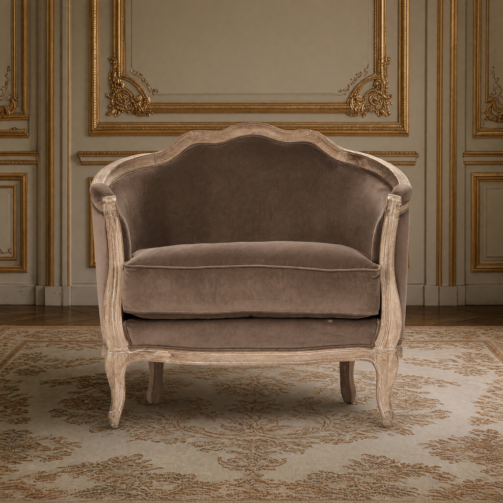Front view of the Maison love chair in smoky mocha velvet