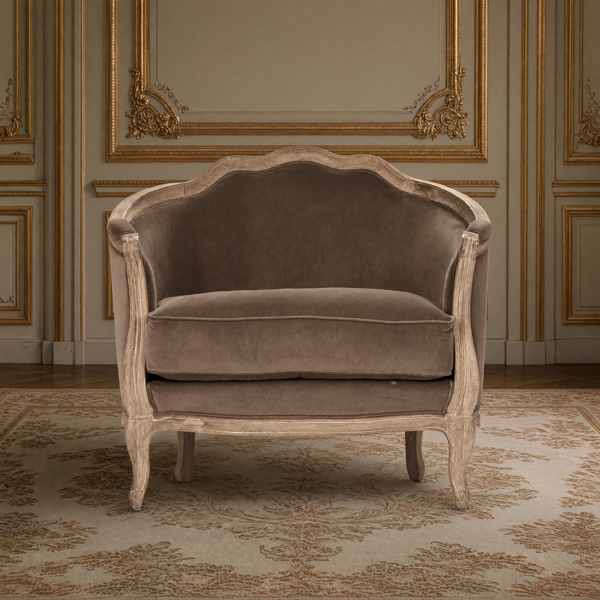 Front view of the Maison love chair in smoky mocha velvet