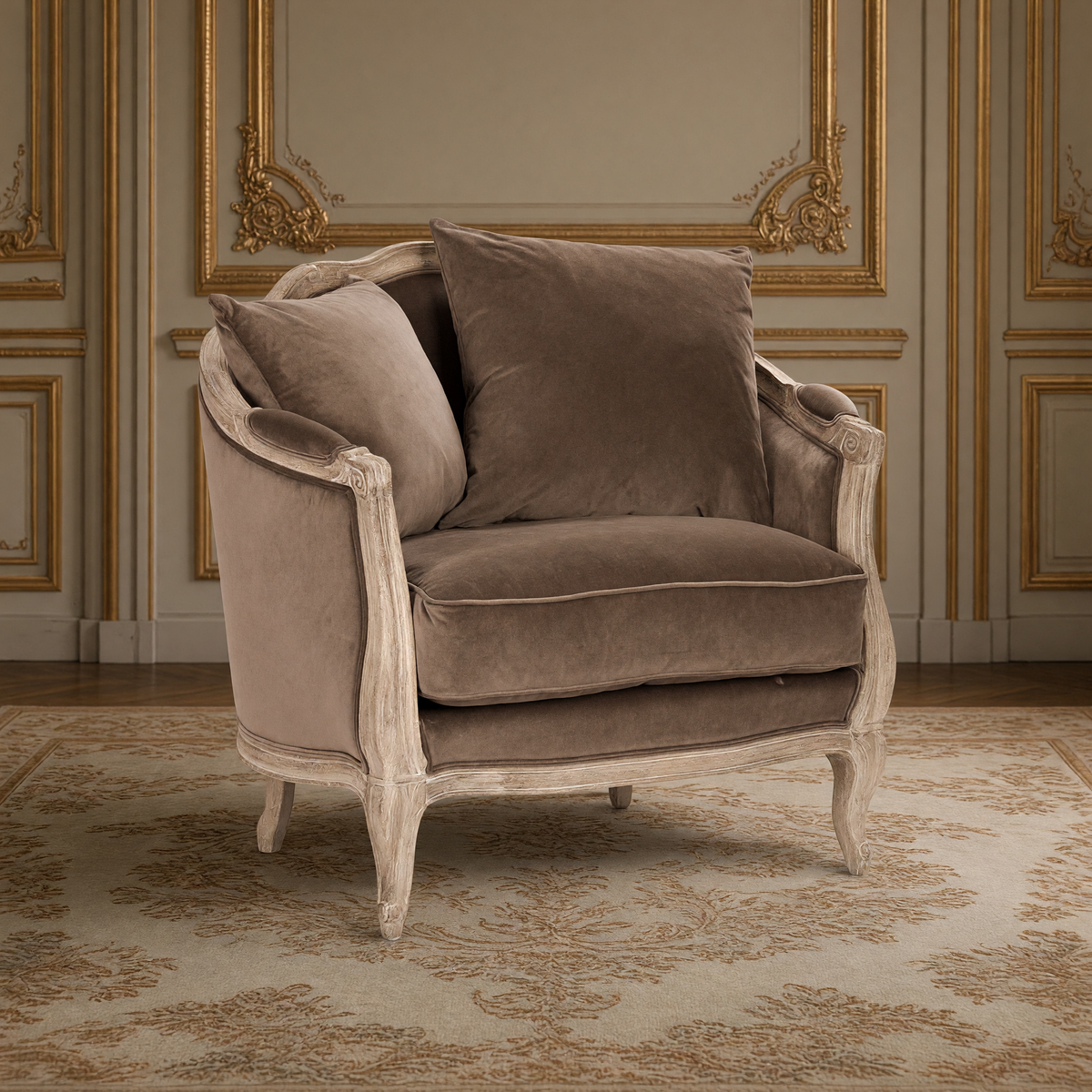 Maison love chair in smoky mocha velvet in a greige and gold French boiserie salon