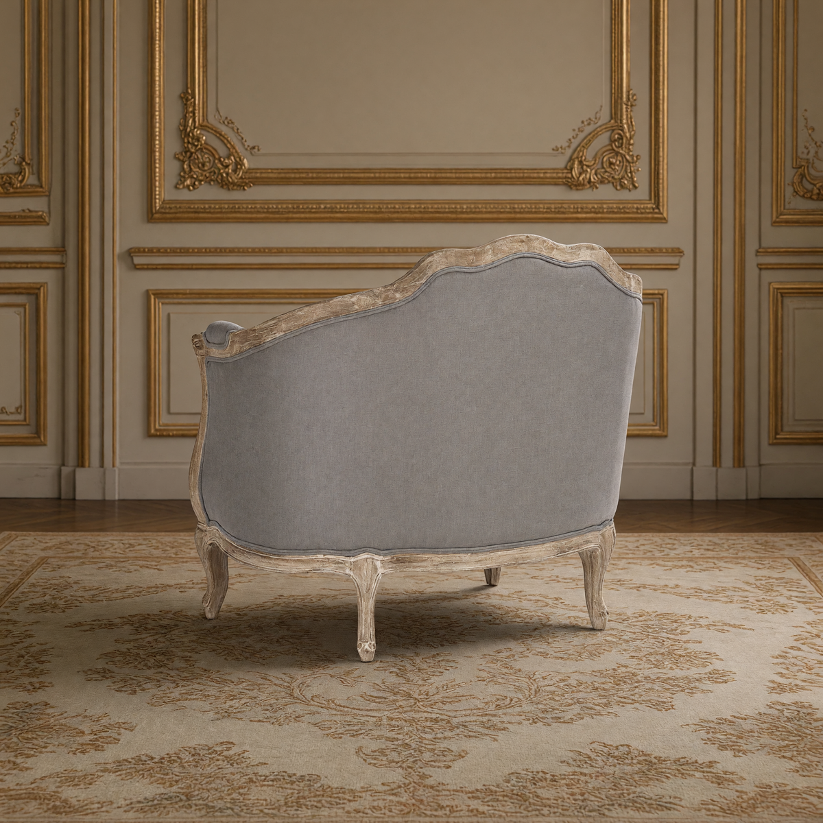 Back view of the Maison love chair in weathered grey linen
