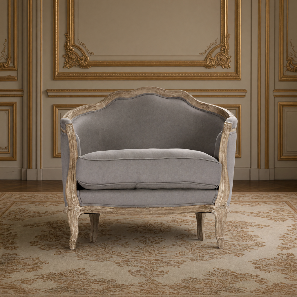 Front view of the Maison love chair in weathered grey linen