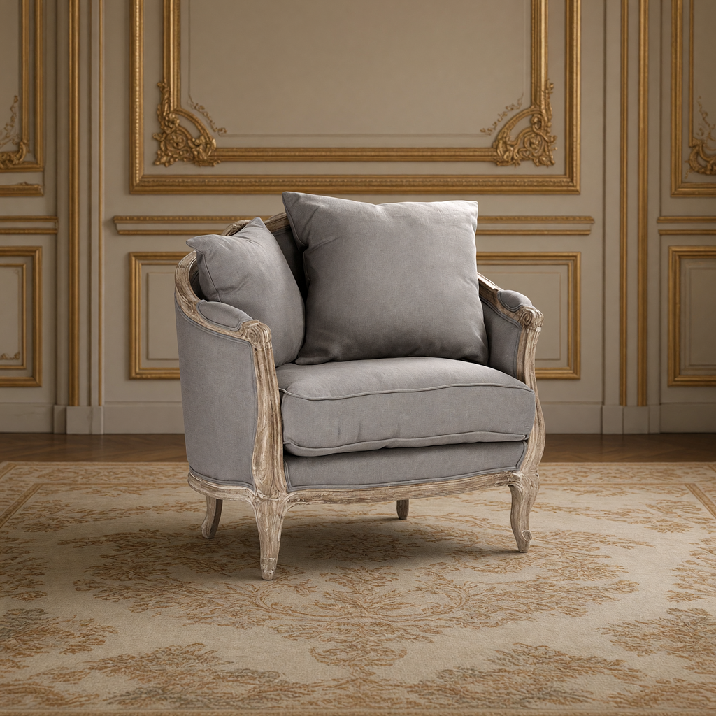 Maison love chair in weathered grey linen in a greige and gold French boiserie salon