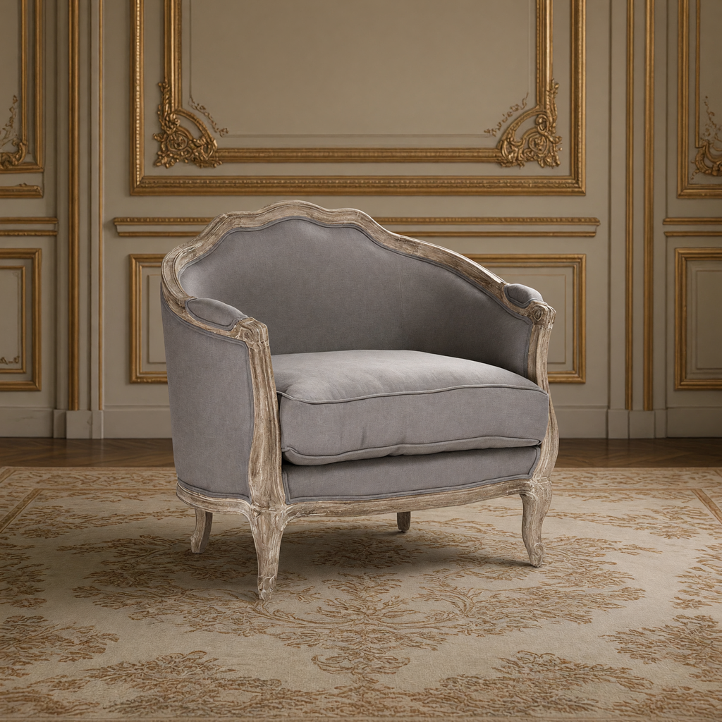 Side angle of the Maison love chair in weathered grey linen