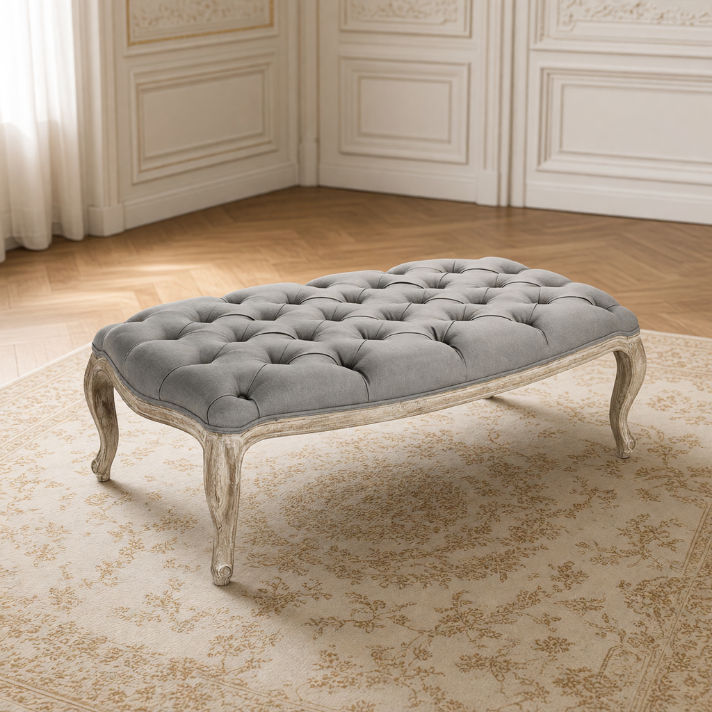 Maison tufted ottoman in gray linen on limed grey oak, 50 inch size, in a French boiserie salon