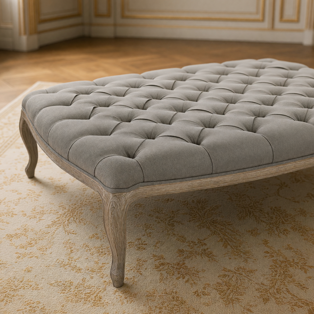 Close view of the deep tufting, serpentine edge and cabriole leg of the Maison tufted ottoman in Gray Linen, Limed Grey Oak