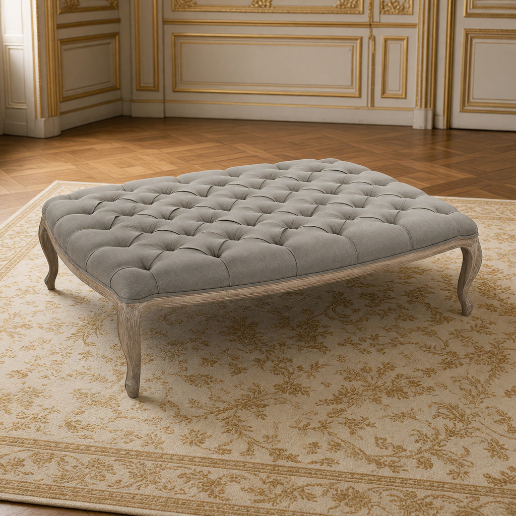 Maison tufted ottoman in gray linen on limed grey oak in a French boiserie salon