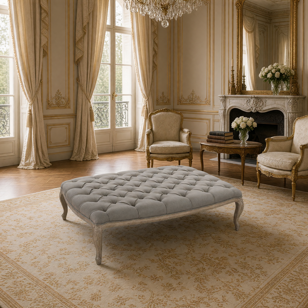 Maison tufted ottoman in Gray Linen, Limed Grey Oak styled in a Louis XVI salon with gilded bergere chairs and a marble fireplace
