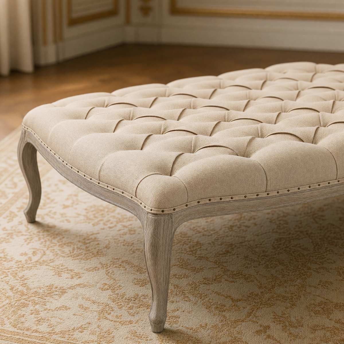 Close view of the deep tufting, serpentine edge and cabriole leg of the Maison tufted ottoman in Hemp, Limed Grey Oak