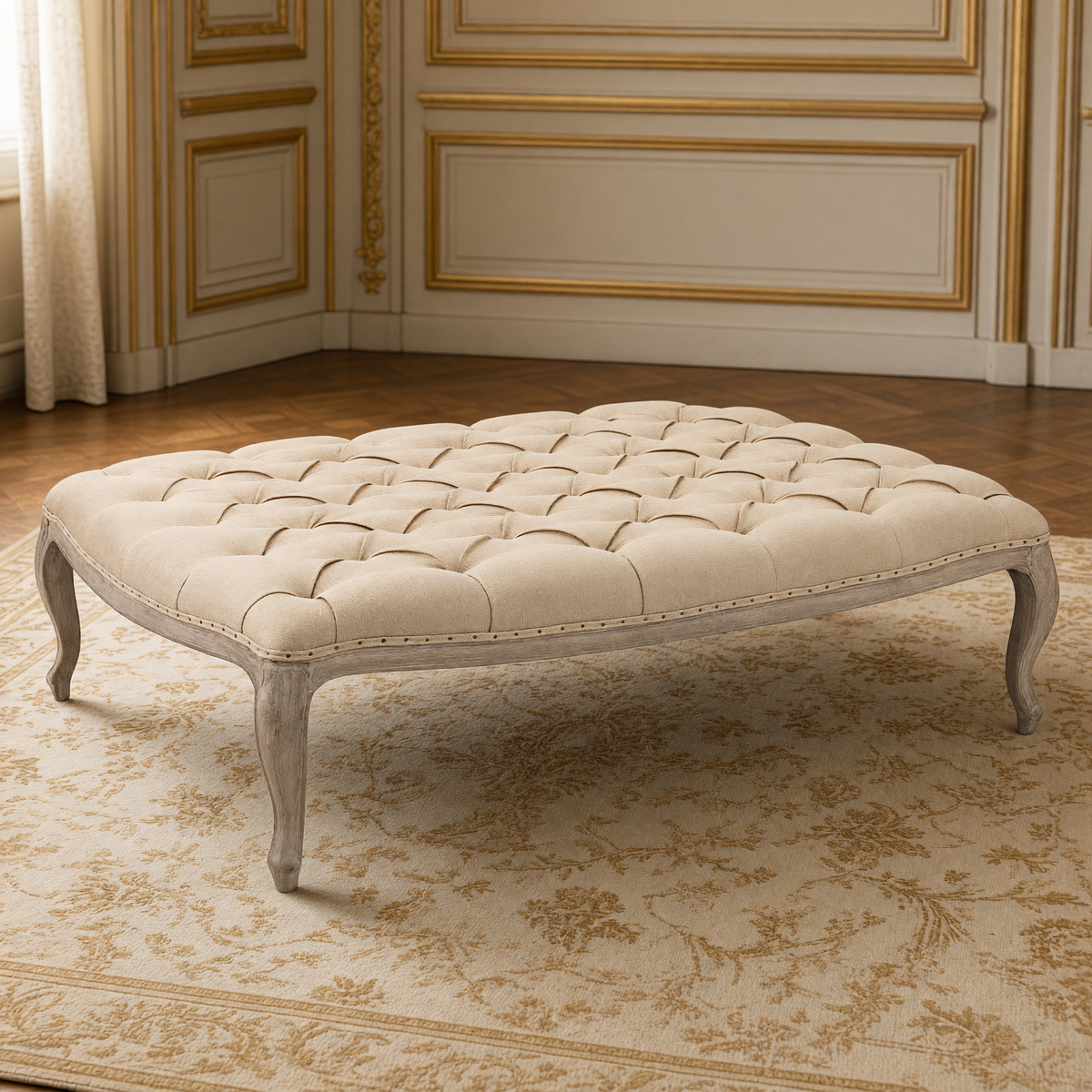 Maison tufted ottoman in hemp on limed grey oak in a French boiserie salon
