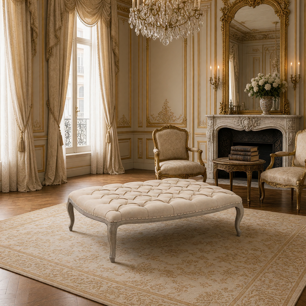 Maison tufted ottoman in Hemp, Limed Grey Oak styled in a Louis XVI salon with gilded bergere chairs and a marble fireplace