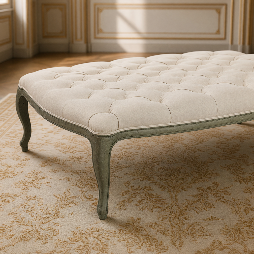 Close view of the deep tufting, serpentine edge and cabriole leg of the Maison tufted ottoman in Linen, Birch
