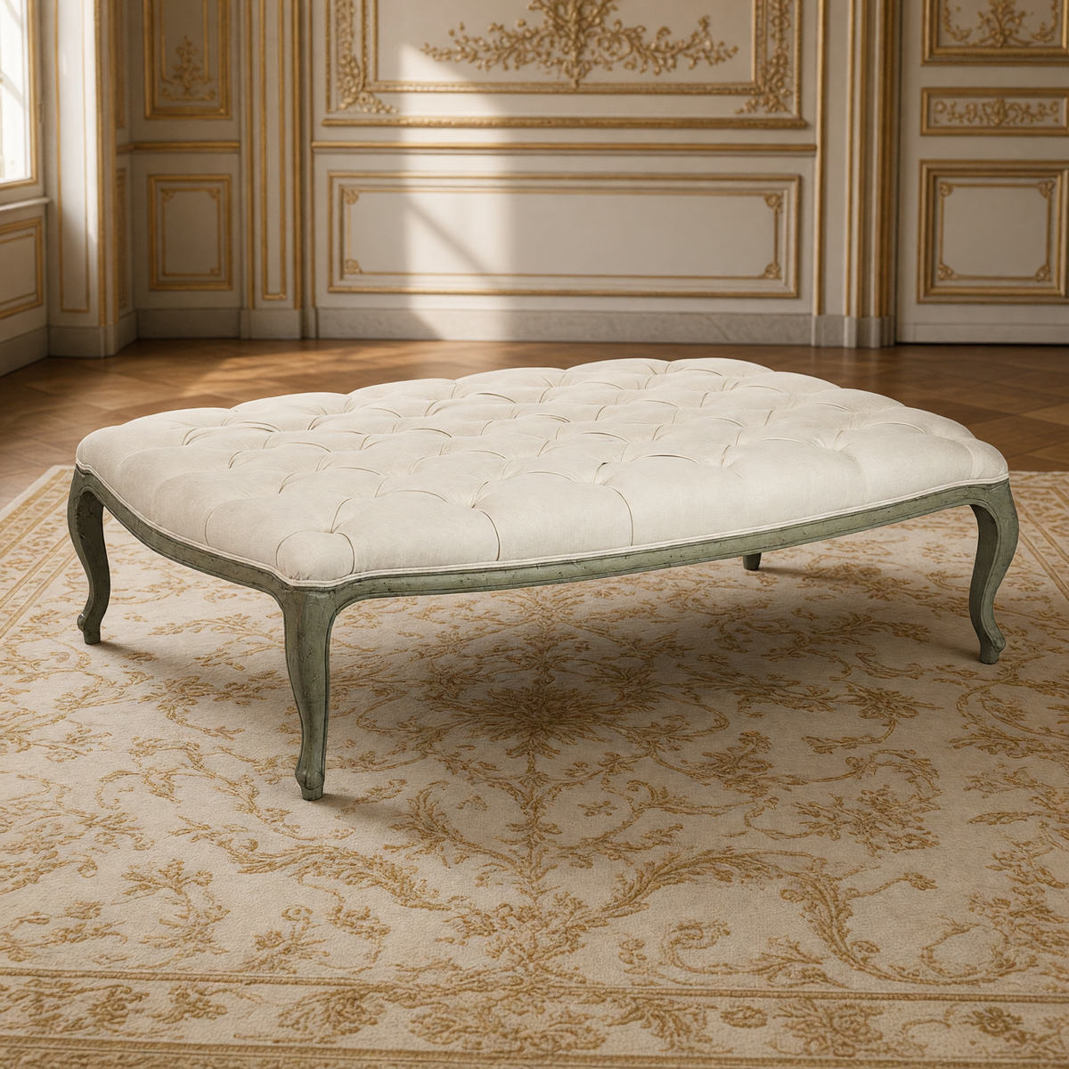 Maison tufted ottoman in linen on a birch frame in a French boiserie salon