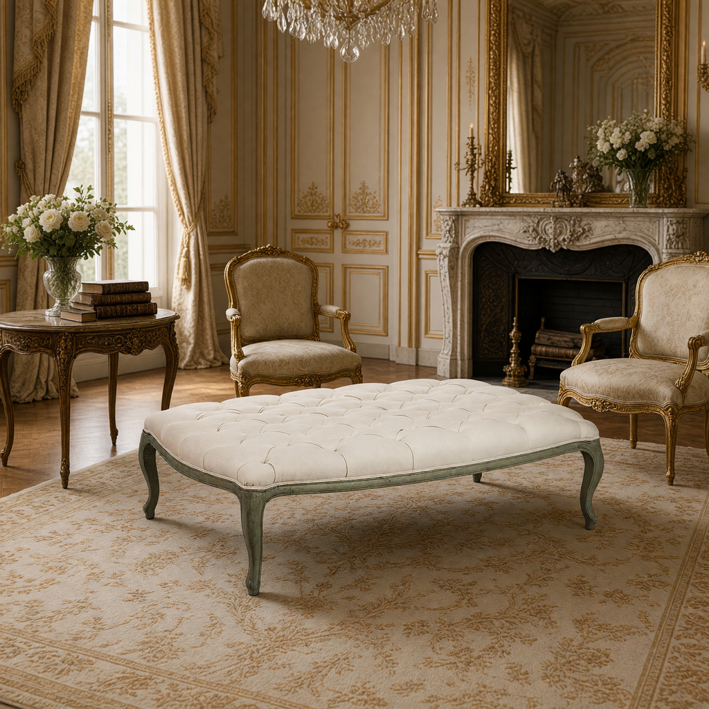 Maison tufted ottoman in Linen, Birch styled in a Louis XVI salon with gilded bergere chairs and a marble fireplace