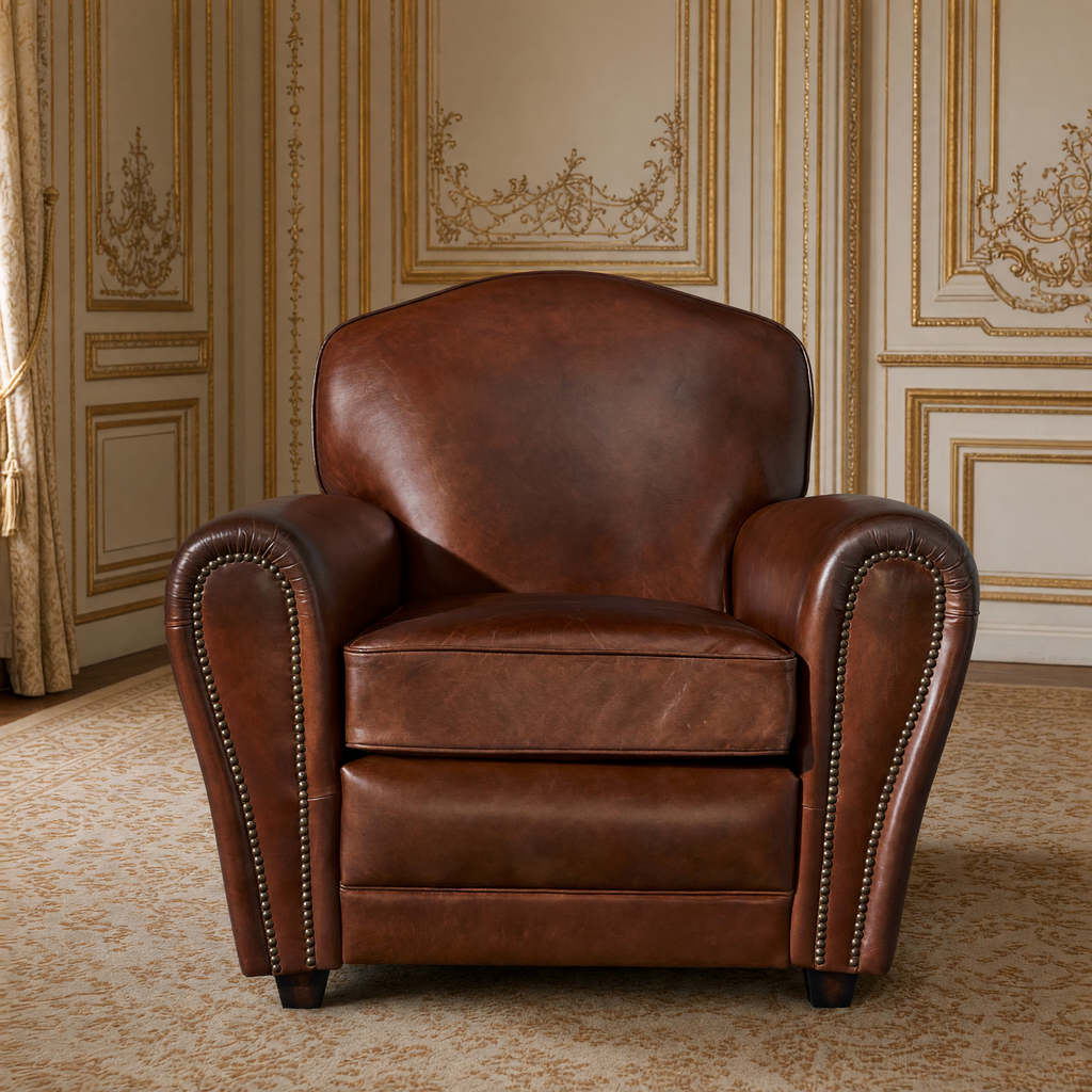 Front view of the Matthew club chair with its nailhead-trimmed rounded arms