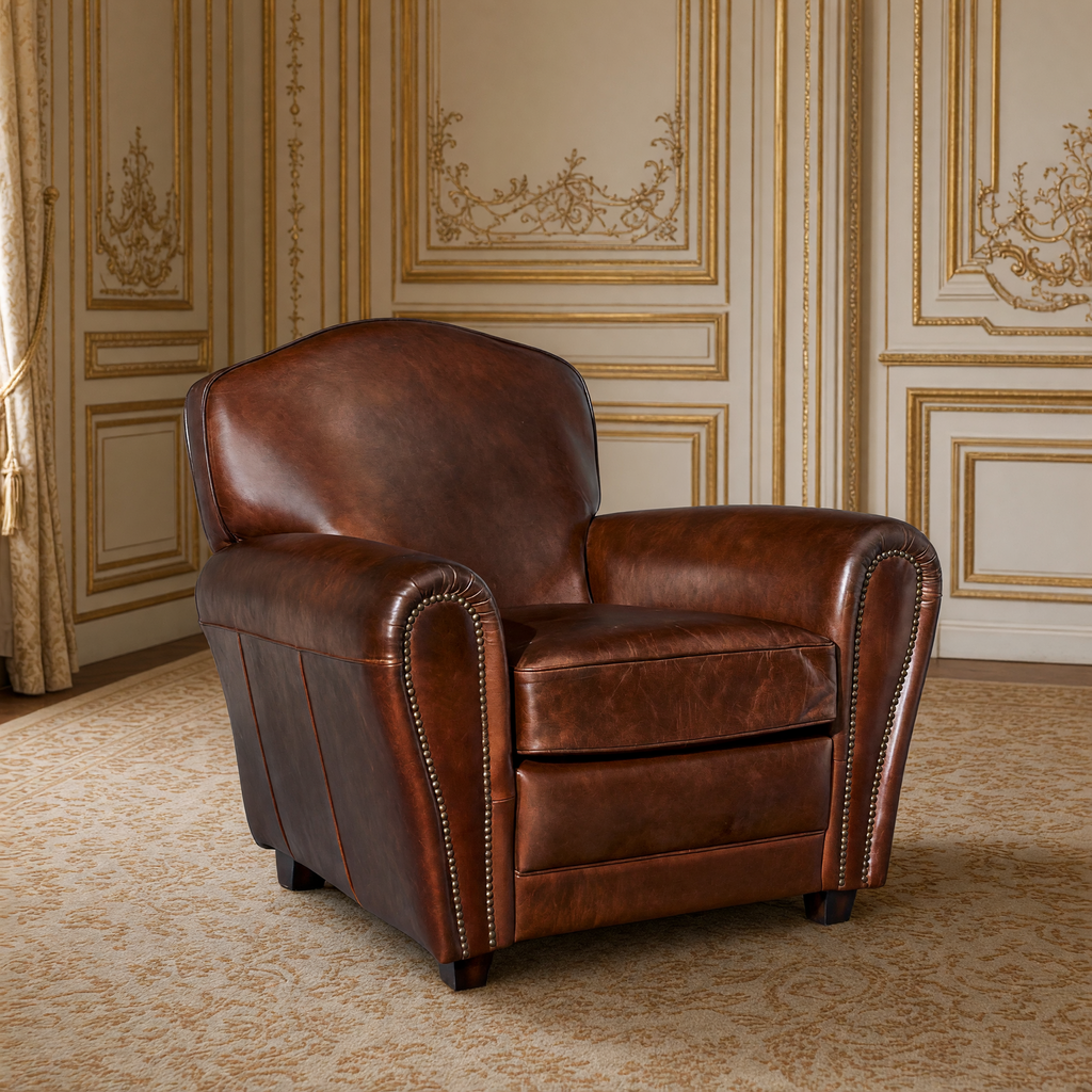 Matthew Italian leather club chair in an ivory and gold Louis XVI salon