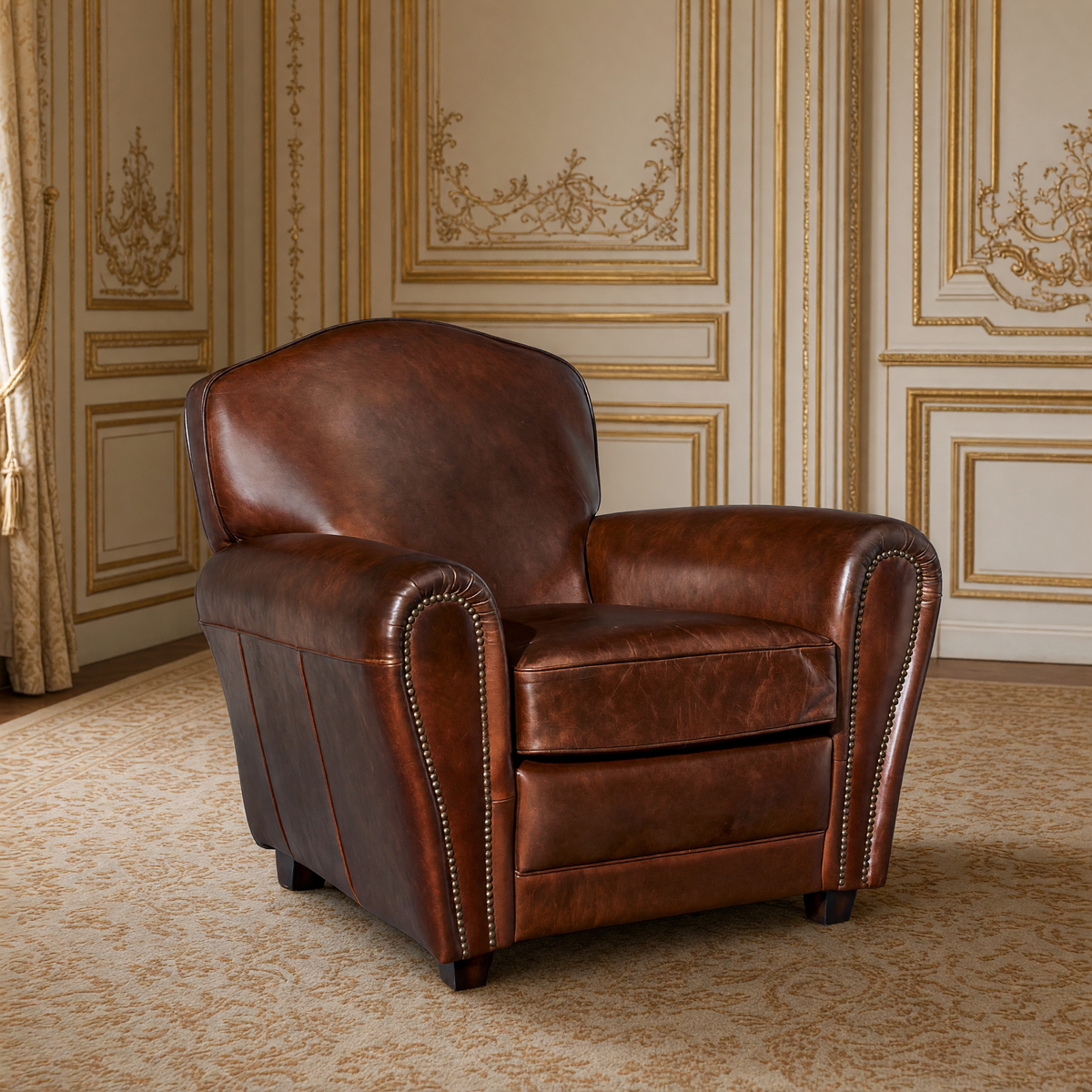 Matthew Italian leather club chair in an ivory and gold Louis XVI salon