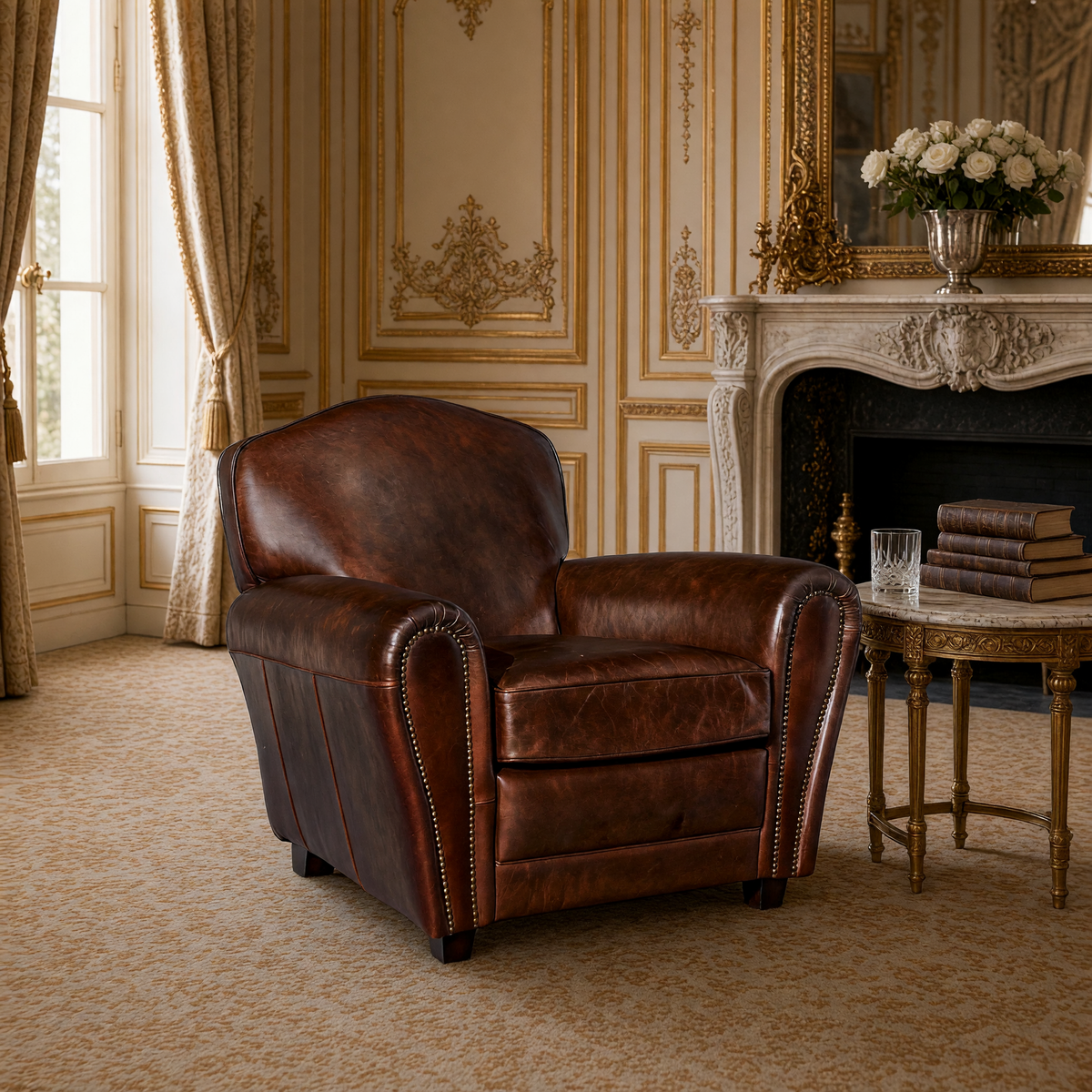 Matthew leather club chair beside a gilded gueridon table and a carved marble fireplace