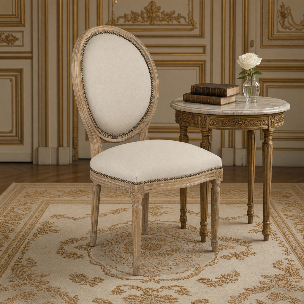 Close view of the oval medallion back, nailhead trim and limed grey oak frame of the Medallion side chair