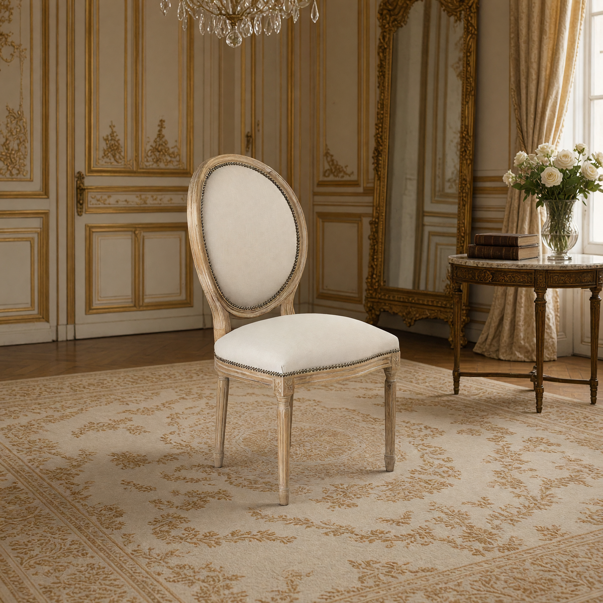 Medallion oval-back side chair in natural linen with nailhead trim styled in a French salon with a gilded mirror and marble-top table