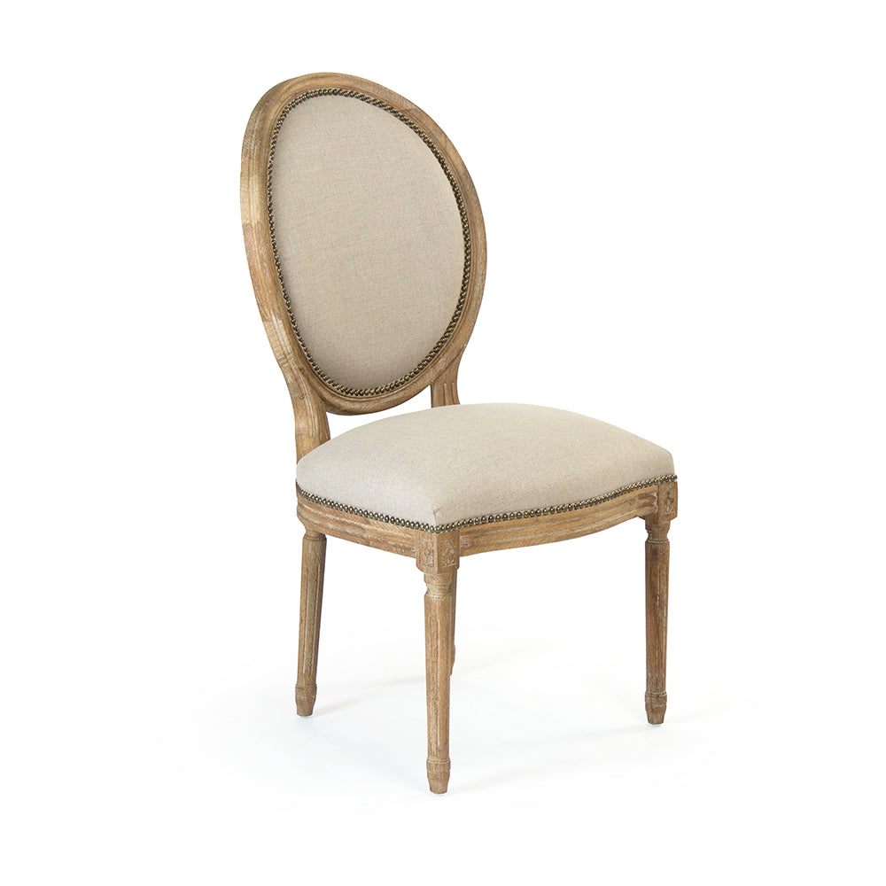 Medallion French Oval-Back Oak Side Chair in Natural Linen with Nailhead, Limed Grey Oak, studio photo 1 of 2 on a white background
