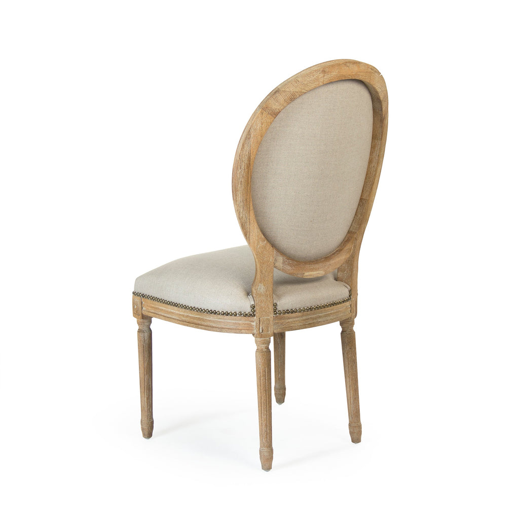 Medallion French Oval-Back Oak Side Chair in Natural Linen with Nailhead, Limed Grey Oak, studio photo 2 of 2 on a white background