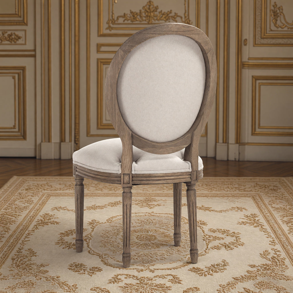 Rear three-quarter view of the Medallion side chair in natural linen on natural oak