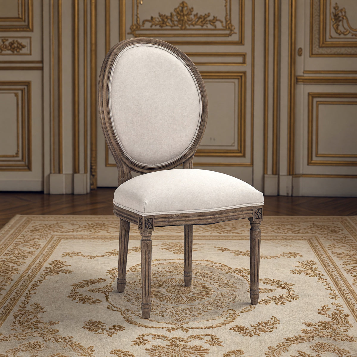 Medallion French oval-back side chair in natural linen, natural oak in a gilded Louis XVI salon on an Aubusson carpet