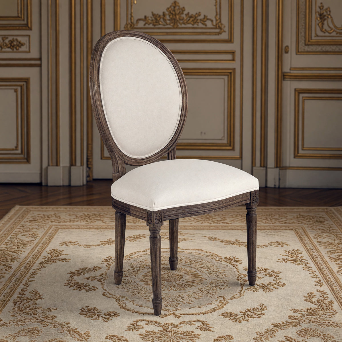 Medallion French oval-back side chair in off-white cotton in a gilded Louis XVI salon on an Aubusson carpet