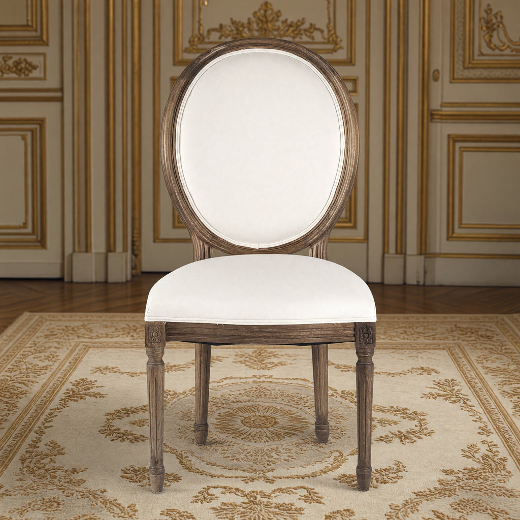 Front view of the Medallion side chair in off-white cotton