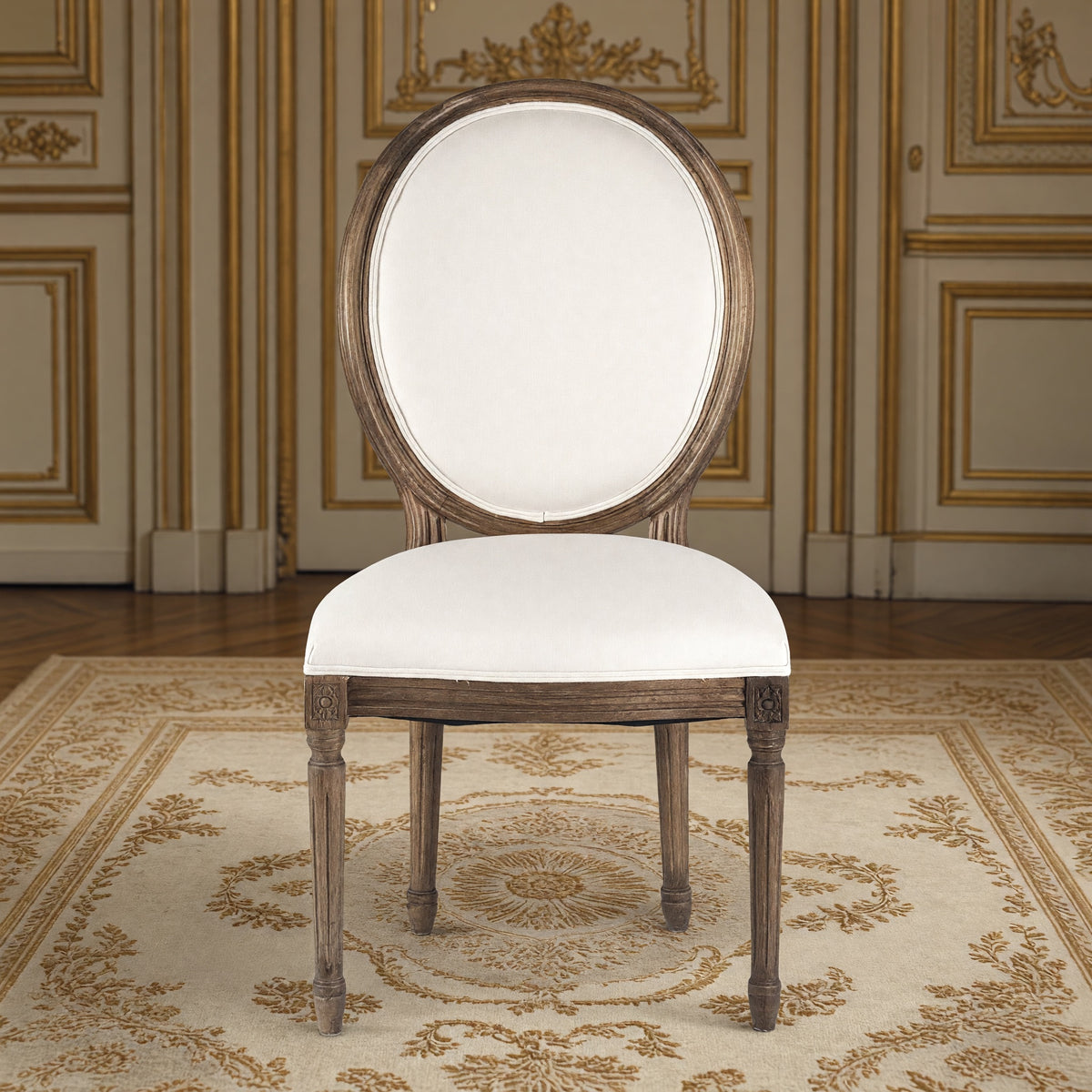 Front view of the Medallion side chair in off-white cotton