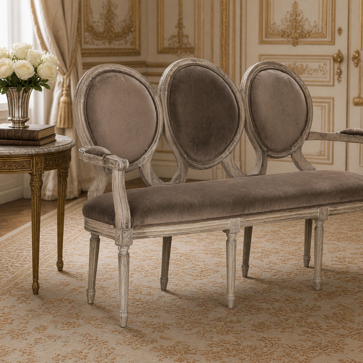 Close view of the oval medallion backs and carved limed oak frame of the Medallion settee