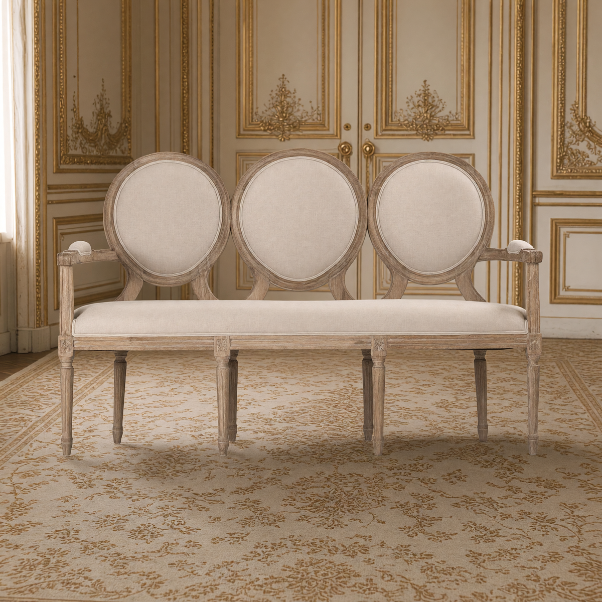 Front view of the Medallion settee in natural linen