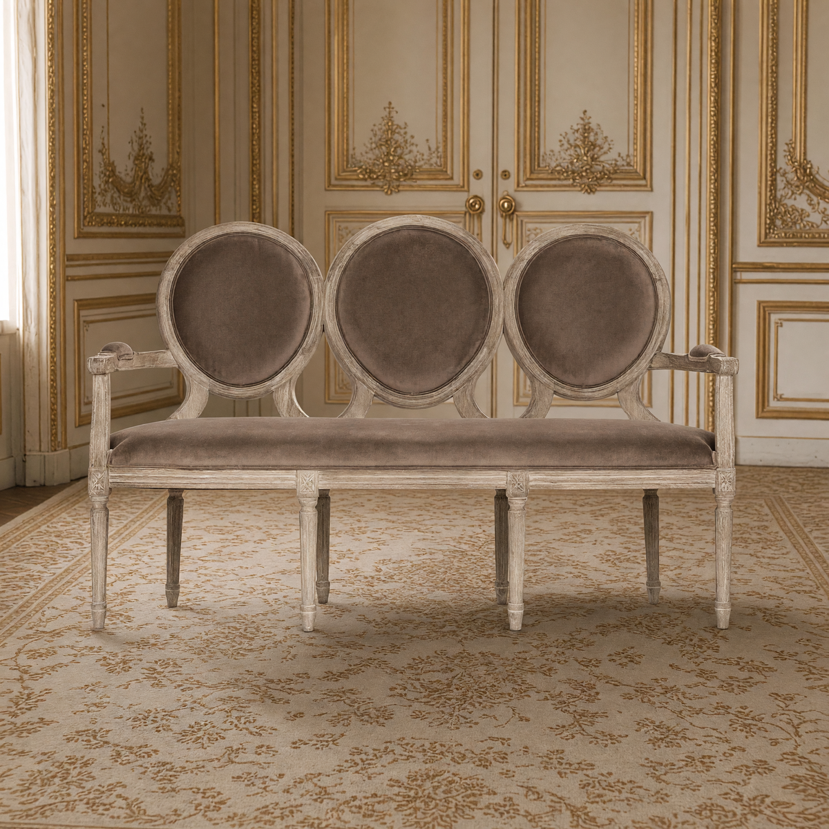 Front view of the Medallion settee in smoky mocha velvet