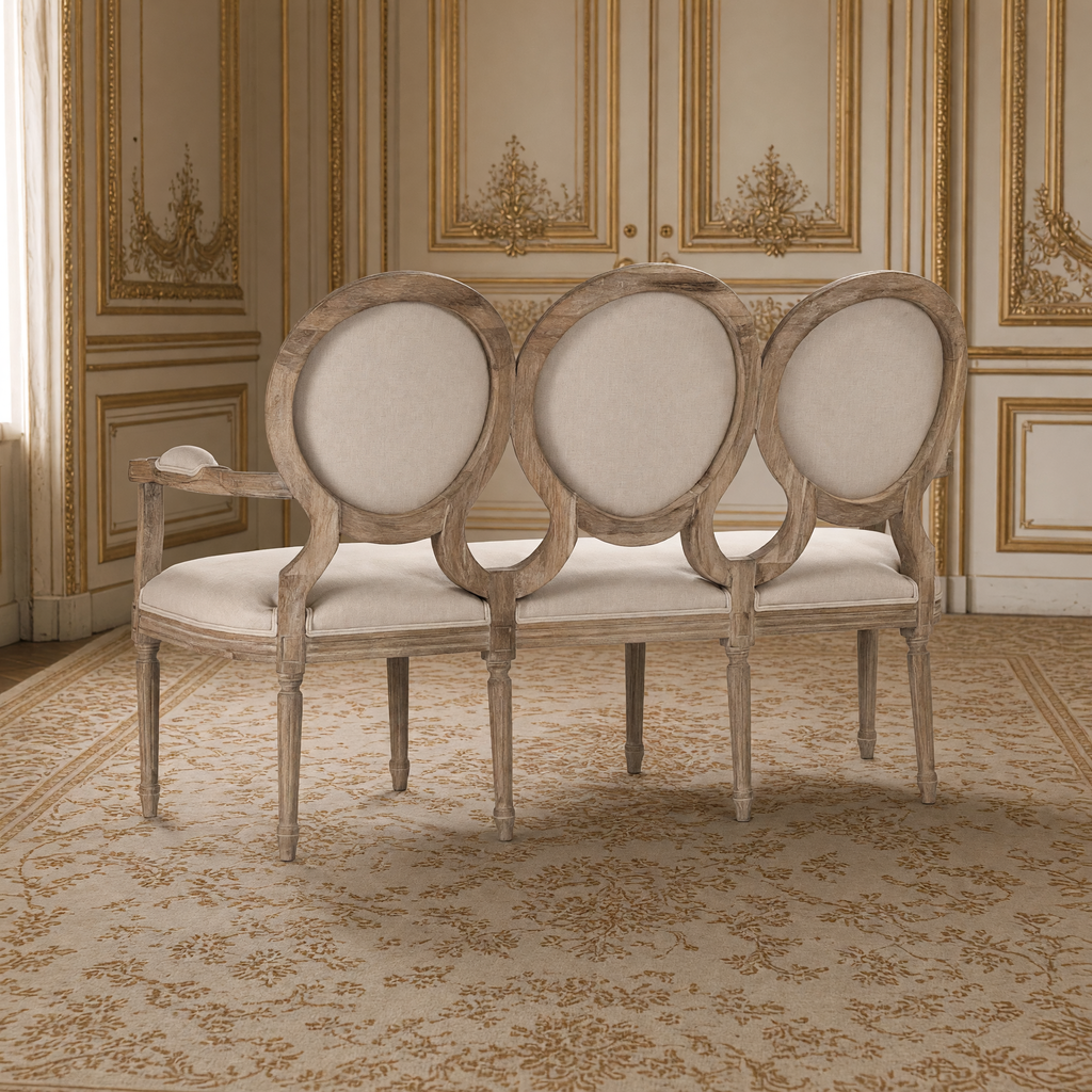 Back view of the Medallion settee in natural linen