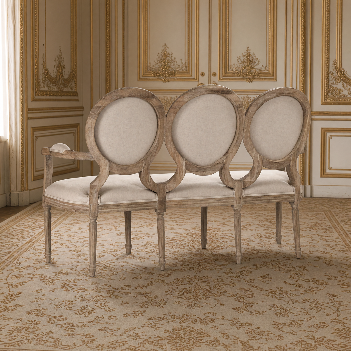 Back view of the Medallion settee in natural linen