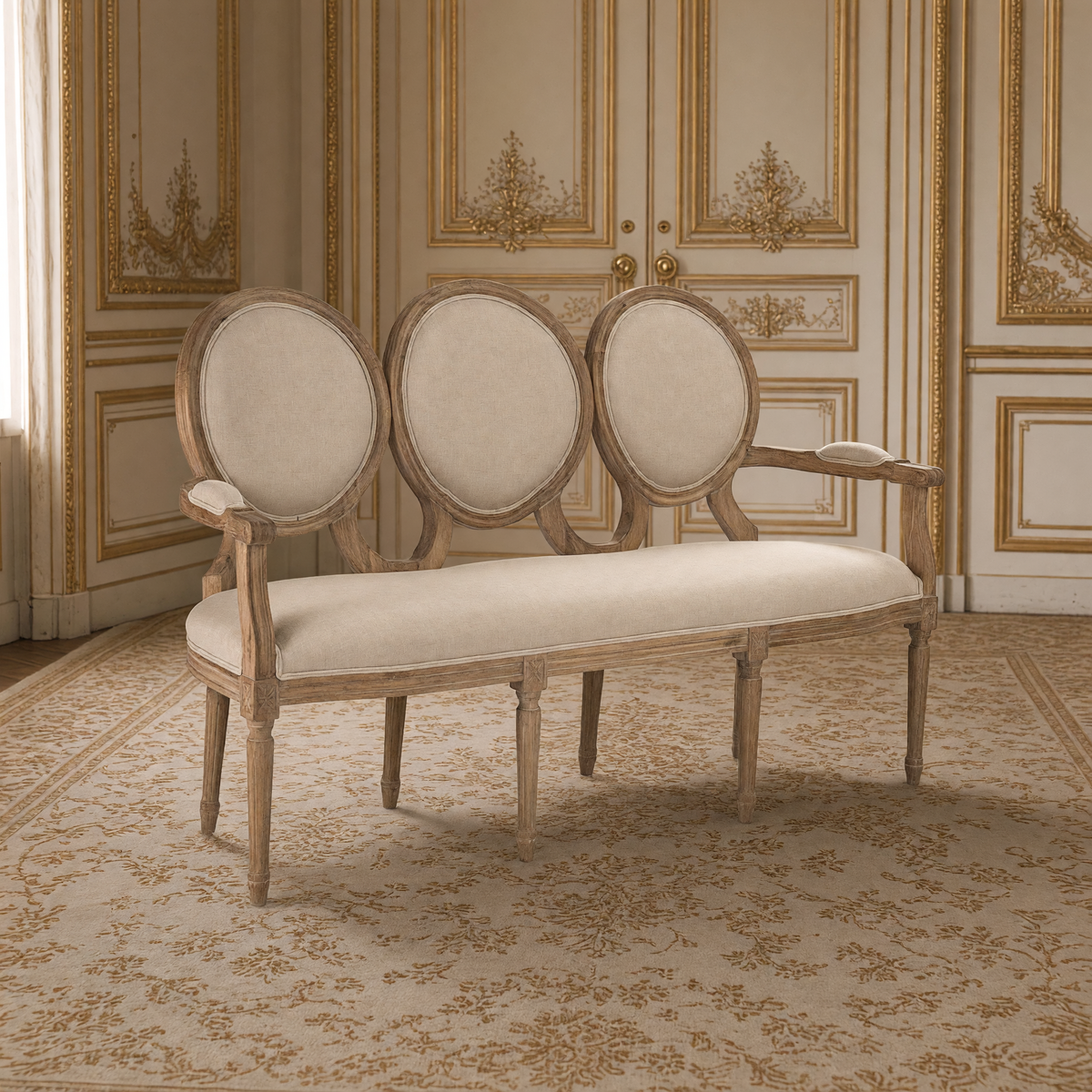 Medallion settee in natural linen in an ivory and gold French salon