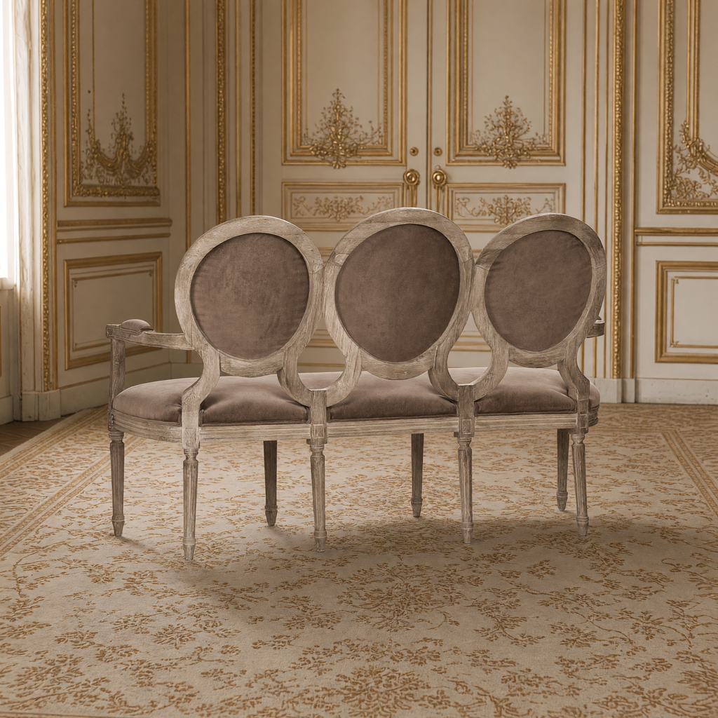 Back view of the Medallion settee in smoky mocha velvet
