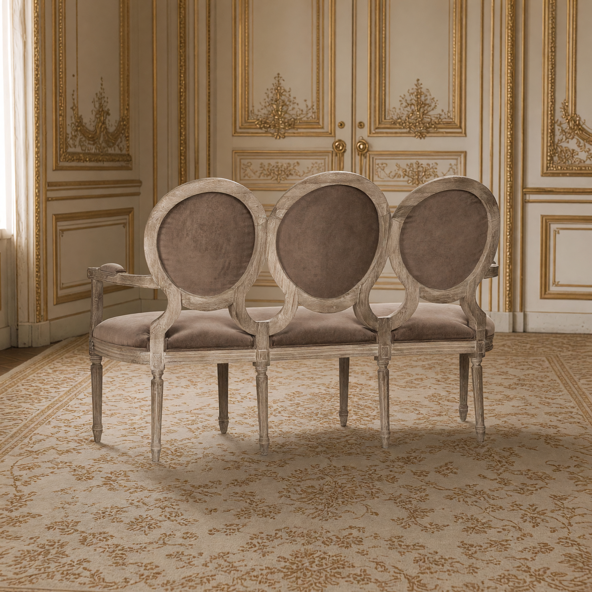 Back view of the Medallion settee in smoky mocha velvet