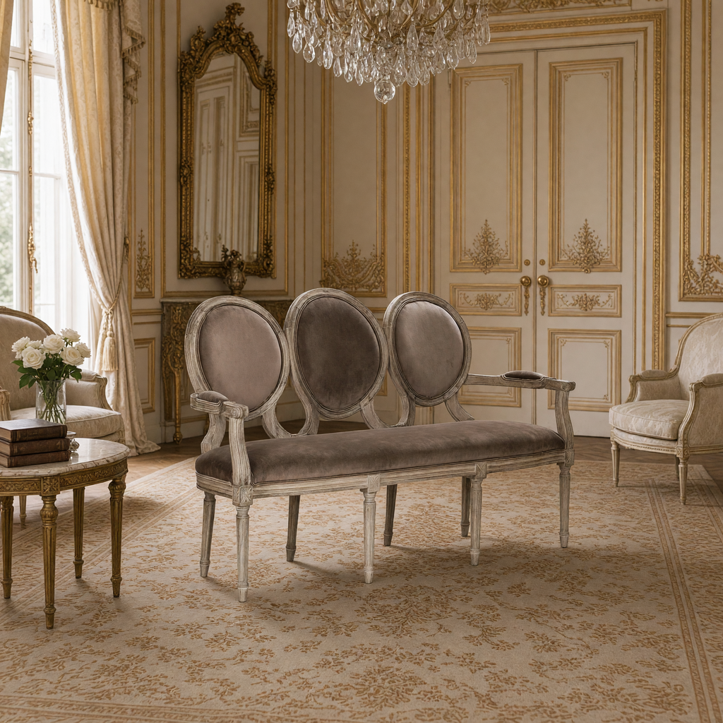 Medallion settee in smoky mocha velvet styled in a Louis XVI salon with bergere chairs