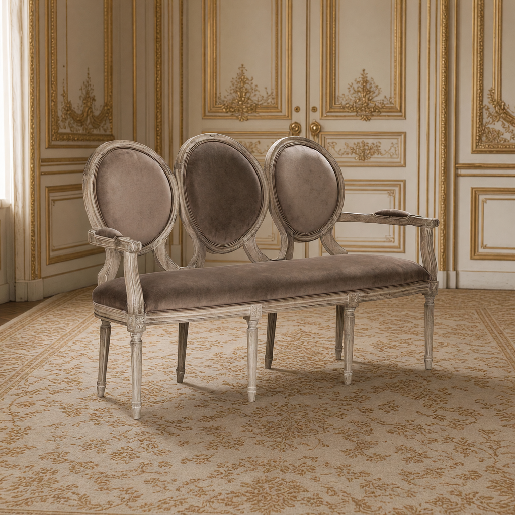 Medallion settee with three oval backs in smoky mocha velvet in an ivory and gold French salon