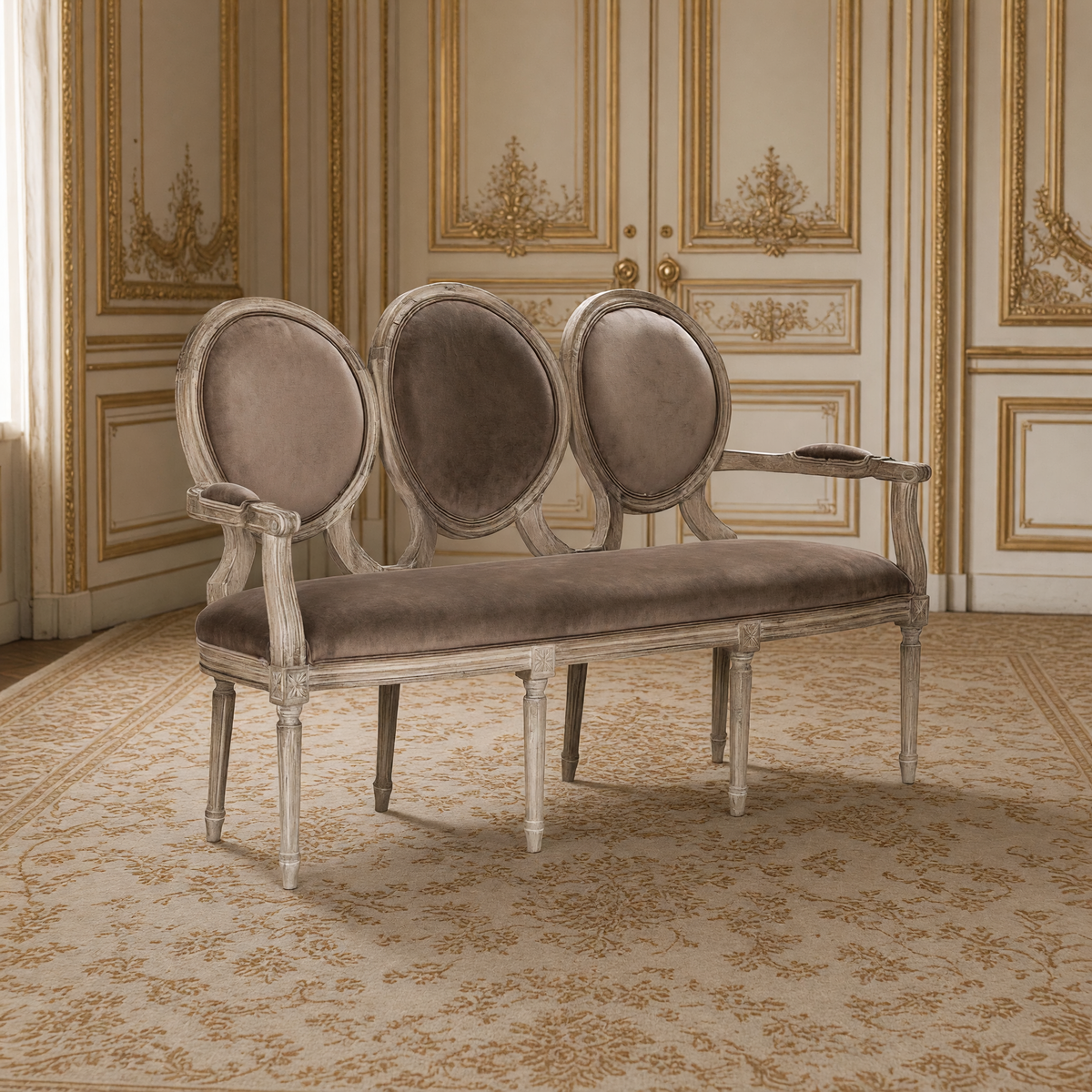 Medallion settee with three oval backs in smoky mocha velvet in an ivory and gold French salon