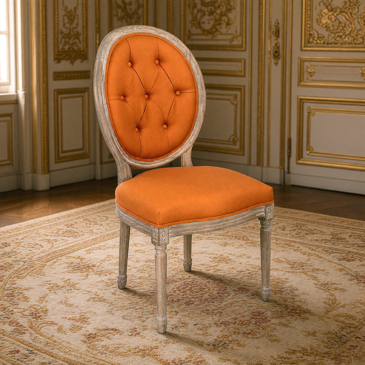 Medallion French tufted oval-back side chair in orange linen, limed grey oak in a gilded Louis XVI salon on an Aubusson carpet
