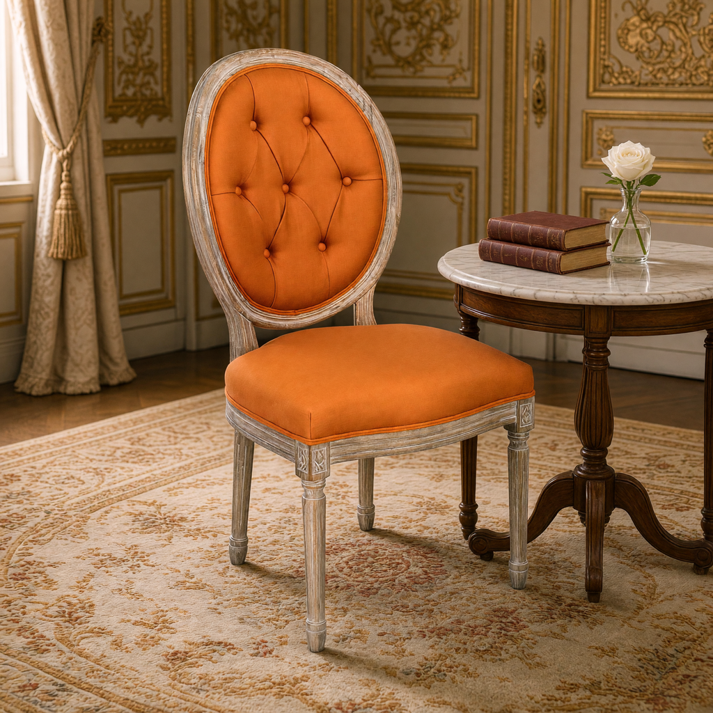Close view of the button-tufted oval back and limed grey oak frame of the Medallion tufted side chair in orange linen