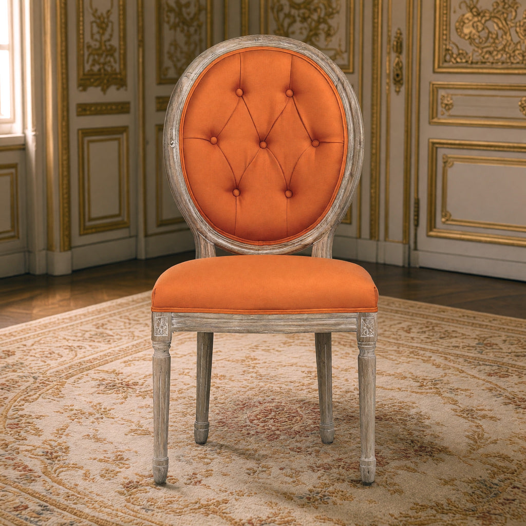 Front view of the Medallion tufted oval-back side chair in orange linen on limed grey oak