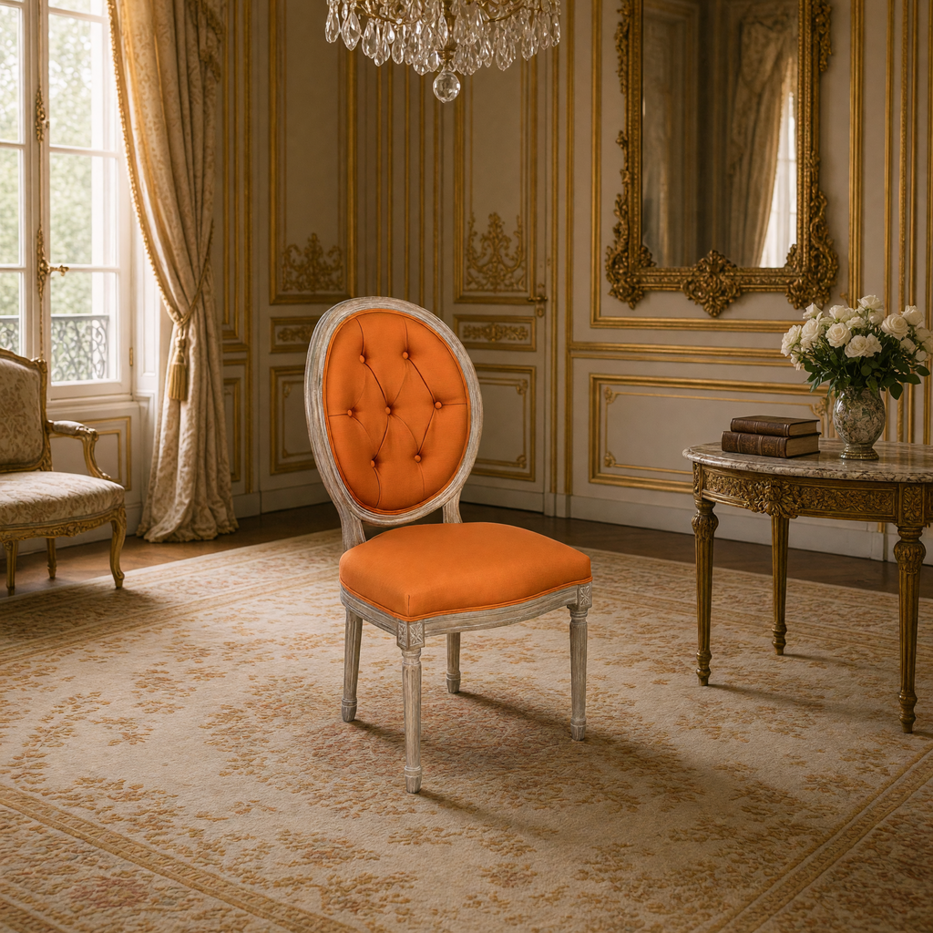 Medallion tufted oval-back side chair in orange linen styled in a French salon with a gilded mirror and marble-top table