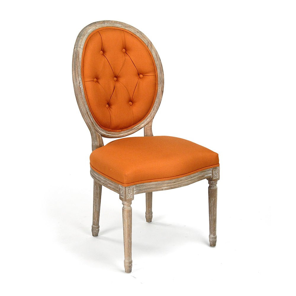 Medallion French Tufted Oval-Back Oak Side Chair in Orange Linen, Limed Grey Oak, studio photo 1 of 3 on a white background